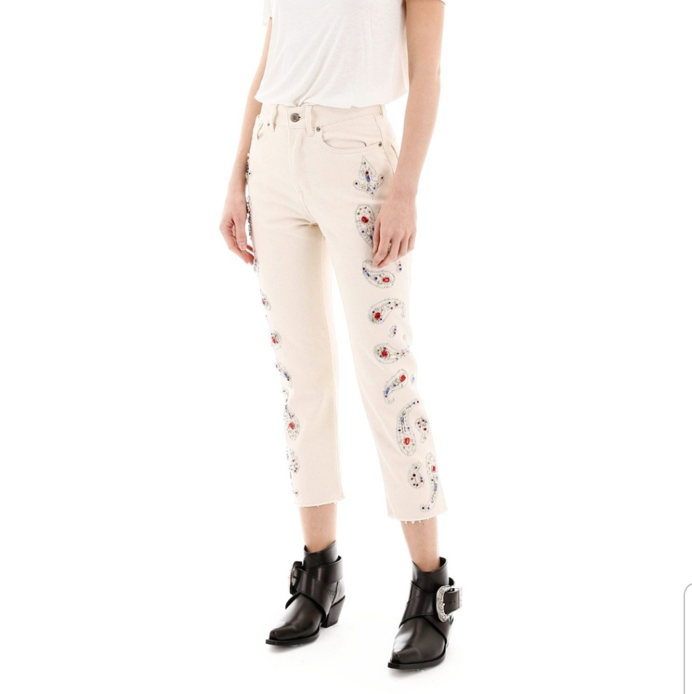 Golden Goose Texas Paisley Embroidery Ivory Straight Raw-Cut Crop Jeans …